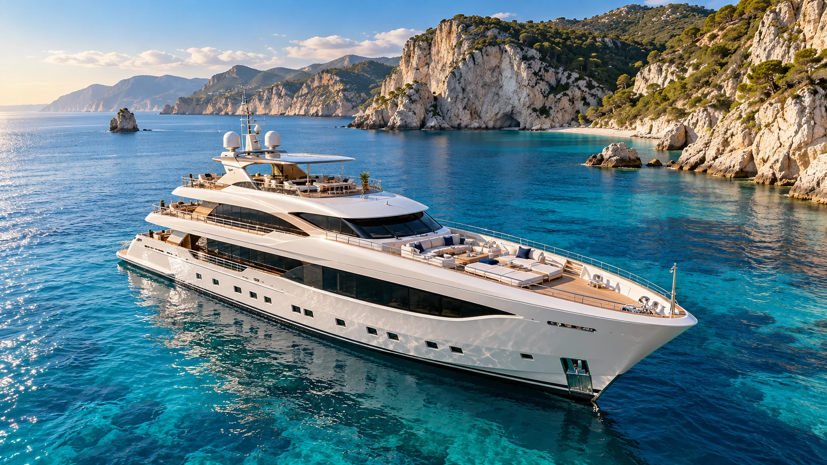 A white superyacht framed by turquoise water